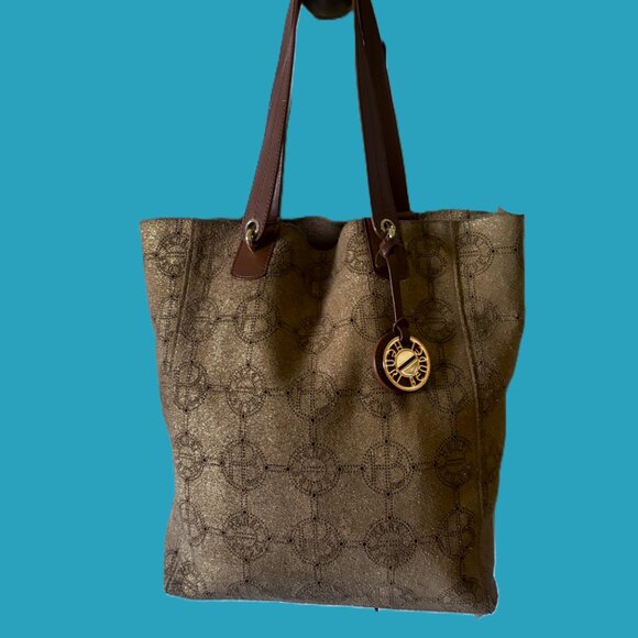 Henri Bendel Large Metallic Pierced Suede Shoulder Bag Carmel Leather EUC - Picture 3 of 12